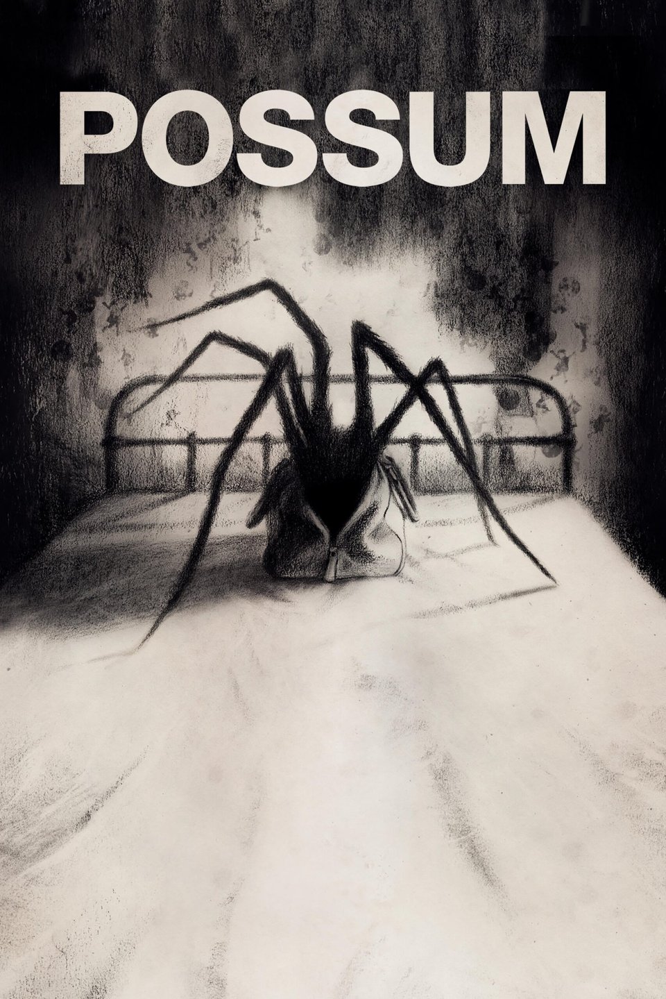 The movie poster for Possum. The title is in beige over a desatured image of a leather bag on a bed. Long hairy spider legs are crawling out of the bag