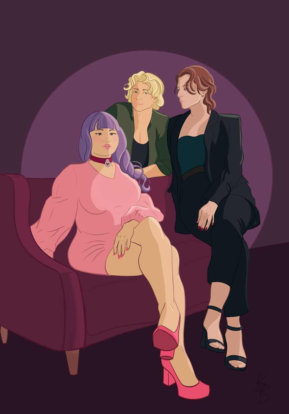 An illustration of the three main characters of Pet Project in a simple cell-shaded style. Sym has purple hair and a midsized body. She wears a pink dress, burgundy collar, pink high heels, and has the pink claw manicure mentioned in the book. She sits on a loveseat. Perched on the couch arm to her right is Adriana, wearing a black suit, teal top, and black strappy sandals. Adriana has short, wavy brown hair in a loose style and grey eyes. Behind the couch, leaning against it, is Bura. He wears a green button-down open over a low-cut black shirt, and his chin-length blonde hair is wavy. He has green eyes.
