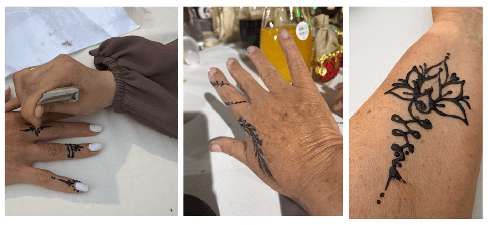 Three images of henna:  being painted on a hand; showing on a hand; and a design on a forearm