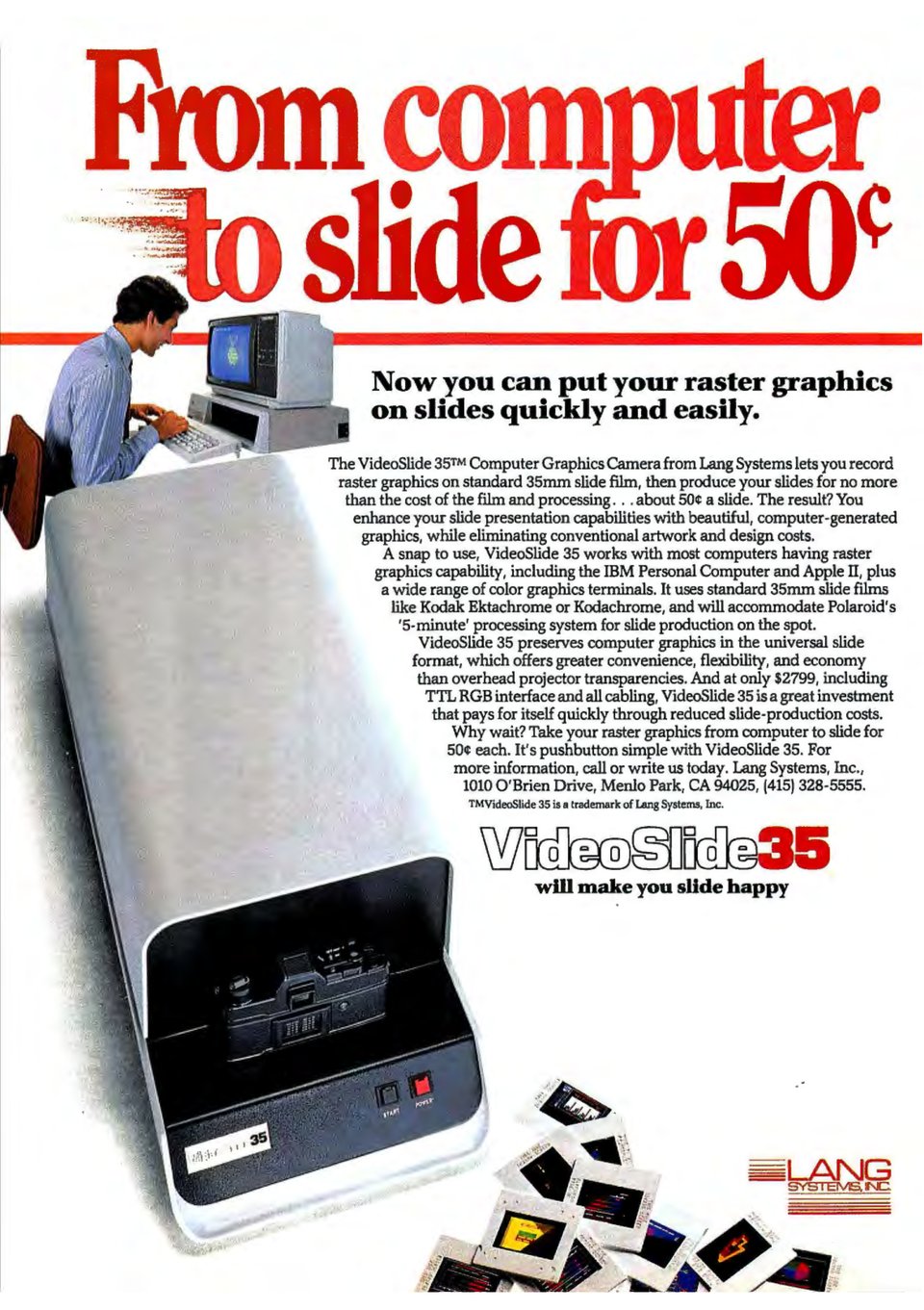 A full-page magazine advertisement showing a long white box with a camera at one open end. Next to it are a pile of 35mm film slides. The headline reads "From computer to slider for 50 cents".