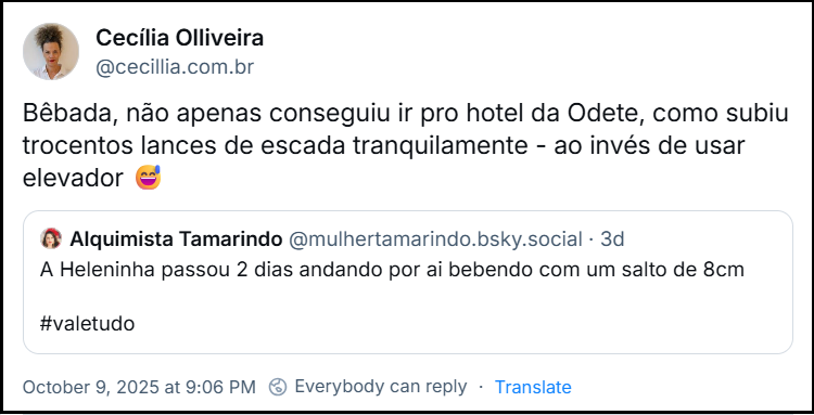 Post de @cecillia.com.br com o texto: Bêbada, não apenas conseguiu ir pro hotel da Odete, como subiu trocentos lances de escada tranquilamente - ao invés de usar elevador 😅