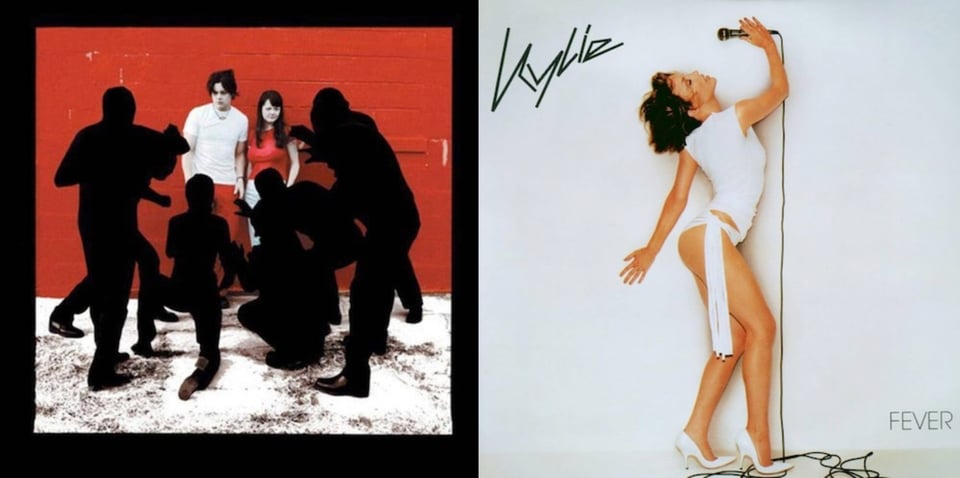First pic: A color photo of The White Stripes: Jack, white man with black hair wearing a white t-shirt and red pants and Meg, a white woman with long black hair wearing a red shirt and white pants. They are standing against a red wall and are being menaced by six figures wearing all black and black hoods, turning them into silhouettes, like what stage puppeteers wear. The ground looks like it has white paint spilled over it. Jack looks a little unnerved, but Meg is inscrutable, which is normal for her. Second pic: Singer Kylie Minogue, a white woman with neck-length dark blonde hair. She is wearing a white top and something like a white bikini bottom, with a long white tassel falling from the hip. She wears white high heels. She is holding a microphone far above her head, with her head cocked back, and the other arm is thrown back behind her.
