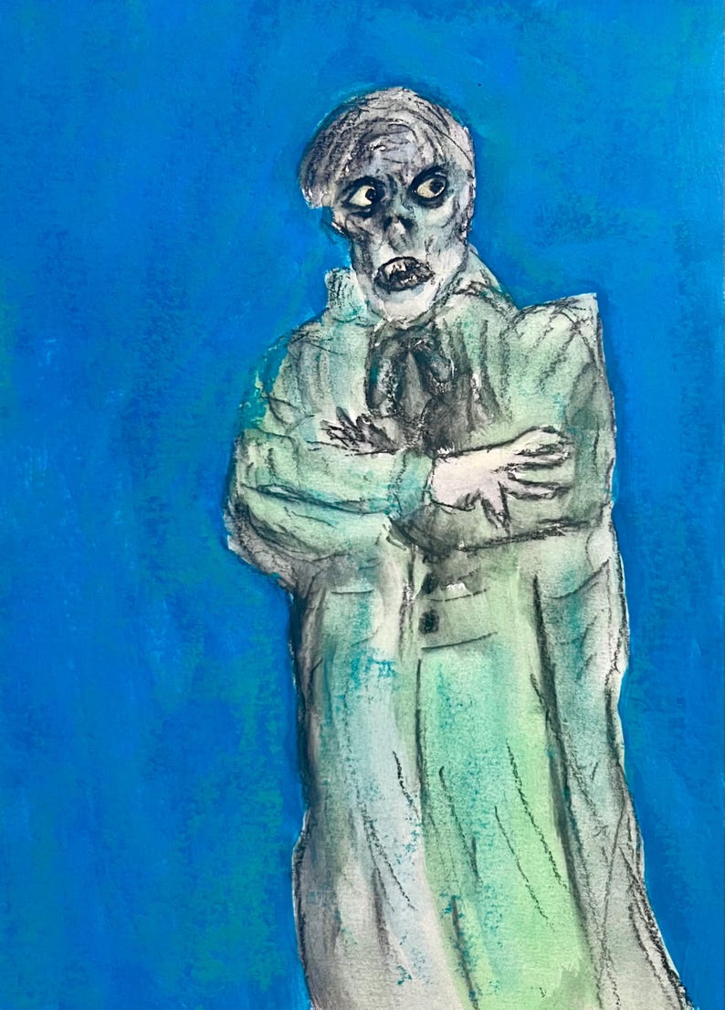 A shadowy figure with a distorted face and a long coat stands with arms crossed against a vibrant blue background.
