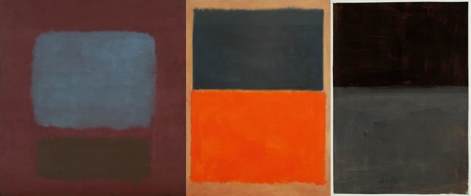 Three paintings side by side. On the left, a painting that is all dark red brown except for a light Gray square in the middle and a smaller black rectangle beneath. In the middle, A painting of a black rectangle on top of a orange rectangle with a fringe of light brown around the edge. On the right, a black rectangle at the top and a Gray rectangle on the bottom. All of the paintings have fuzzy ill defined edges on all the shapes