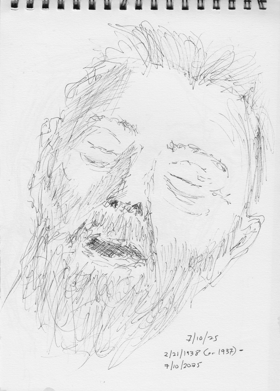 Ink sketch of a bearded man’s face, minutes after his death. His eyes are shut and his mouth is open