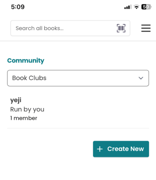 Mobile Community page with Book Clubs selected. It shows a list view with one club listed named “yeji,” run by the user, with 1 member and a “Create New” button.