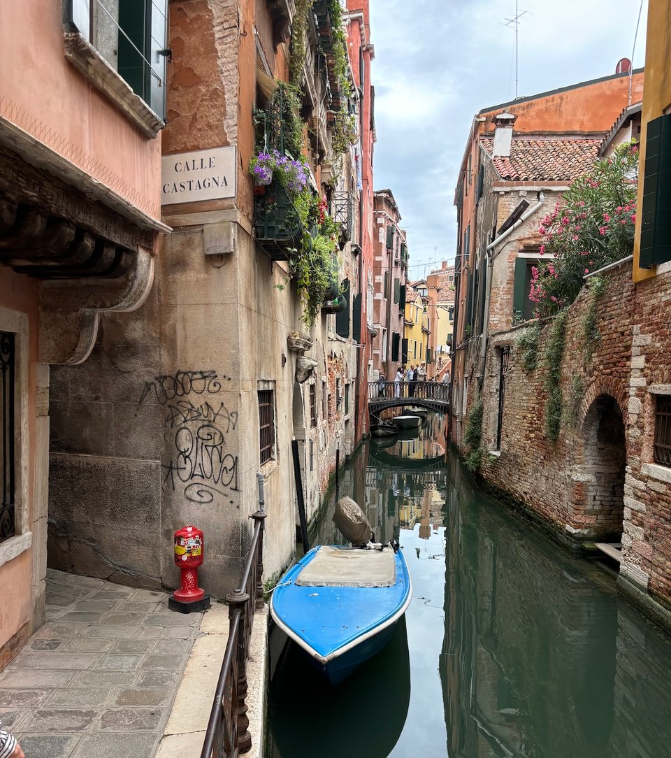 Venetian canal, boat, pink flowers etc, people clustering on a little bridge and leaning over