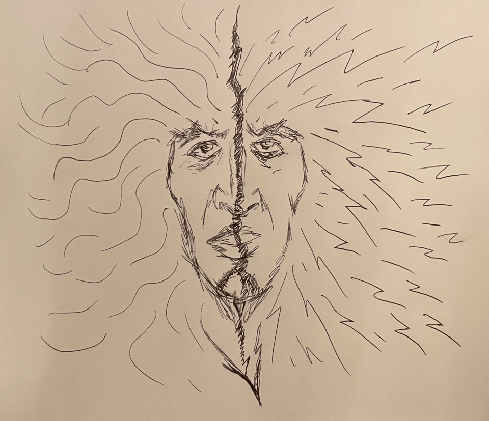 A sketch of a human face divided by a jagged line. One one side, curving lines explode out, on the other jagged electric lines