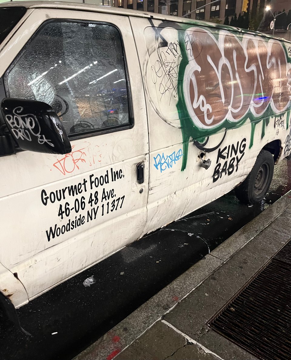 A graffiti covered van