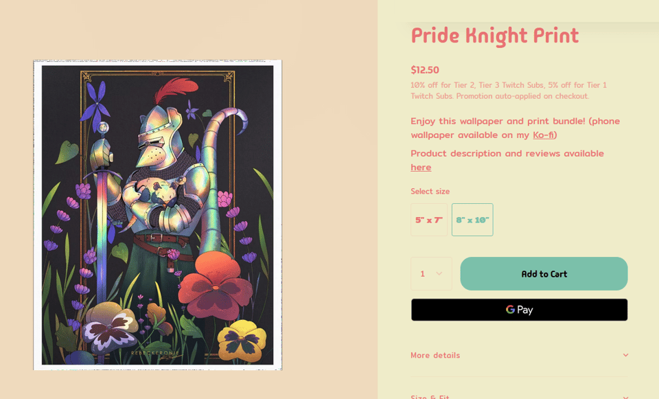 screenshot of the pride knight print on my shop