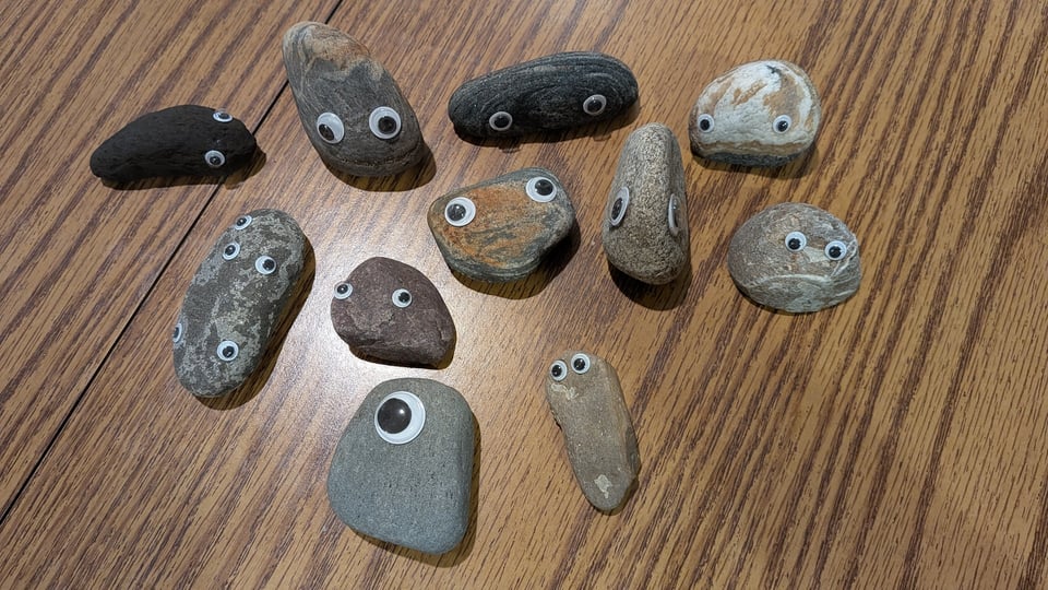 another collection of rocks afixed with googley eyes, ranging from one to five per rock