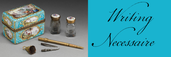 A graphic showing writing tools and their box on the left, and reading "Writing Necessaire" on the right.