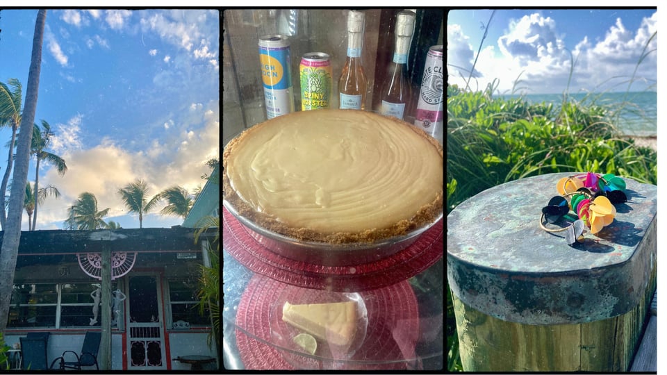 photo grid with 3 pictures. L-R: back porch of a small waterfront house at sunset framed by palm trees; a huge Key lime cheesecake in a cold case; a pair of colorful hoop earrings with a beach in the background.