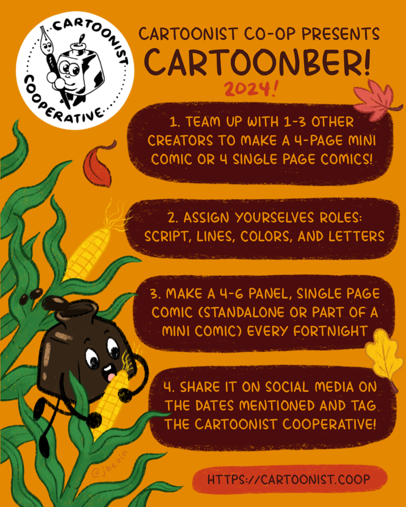 A colorful graphic announcing the Cartoonist Cooperative's art challenge called Cartoonber. The illustration shows the Co-op's mascot Inkling (an inkpot) playing in a corn field as autumn leaves fall around them. The Co-op logo is next to and above text that reads,