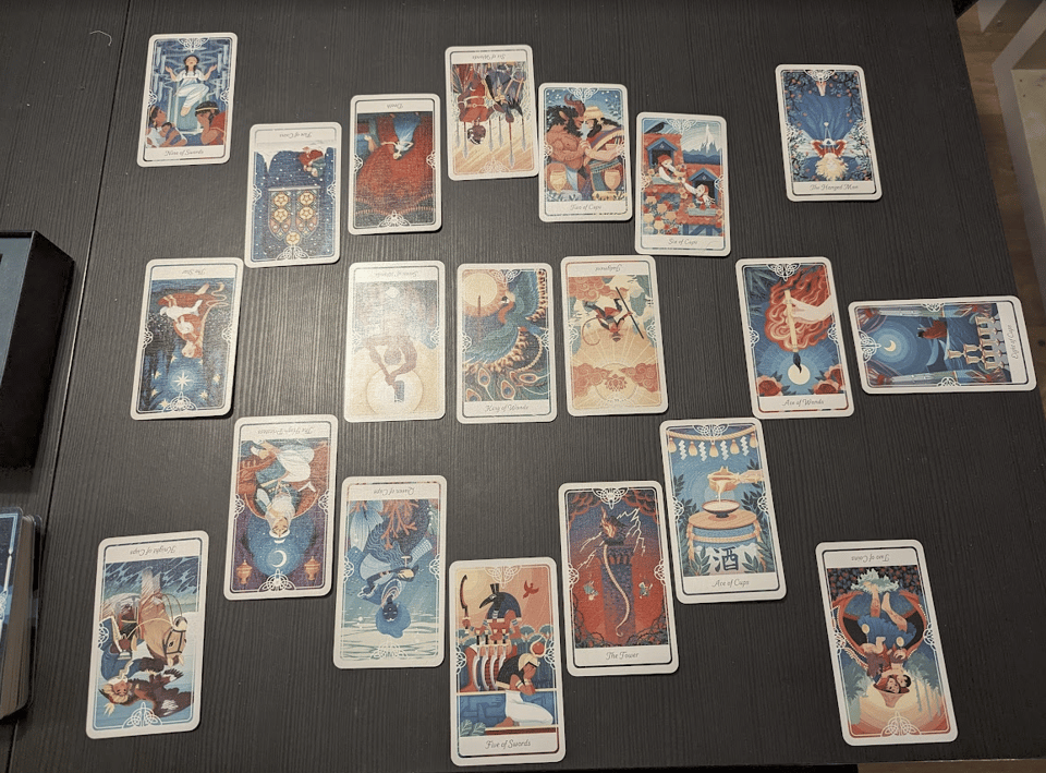 A twenty card spread featuring cards from Yoshi Yoshitani's Divine Tarot deck