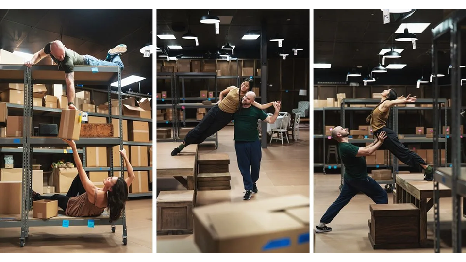 A triptych of two dancers, man and woman, in a warehouse with shelves and boxes.