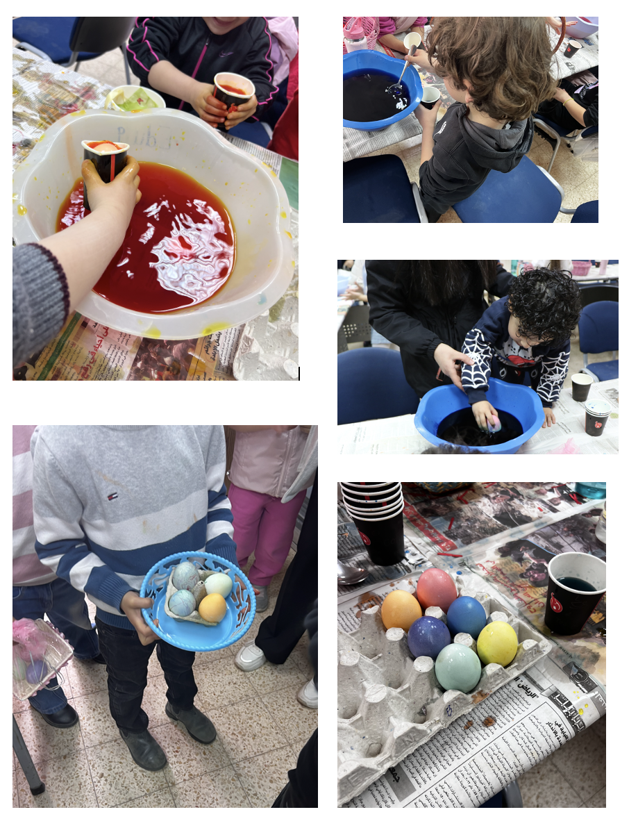 A collage of images of Easter egg dye, children dipping eggs, and the finished products (no faces are shown)