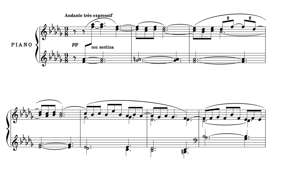 first seven bars of Debussy’s Clair de Lune with Eugene’s default noteheads