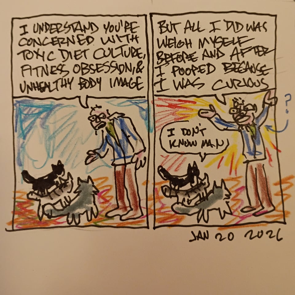 A hastily scribbled diary comic in which I talk to my cats.
I say, "I understand you're concerned with toxic diet culture, fitness obsession, and unhealthy body image... But all I did was weigh myself before and after I pooped because I was curious."
A cat says, "I don't know, man."