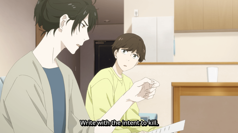 Screenshot from the 2026 anime series "Journal with Witch," subtitle: "Write with the intent to kill."
