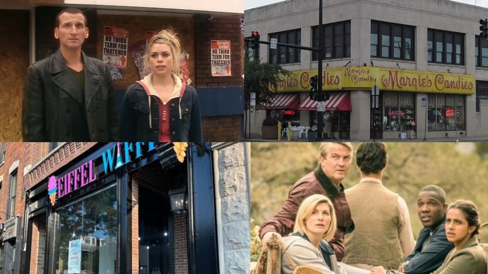 The Ninth Doctor and Rose, Margie's Candies, Eiffell Waffle in Lincoln Park, and the Thirteenth Doctor With her "Fam"