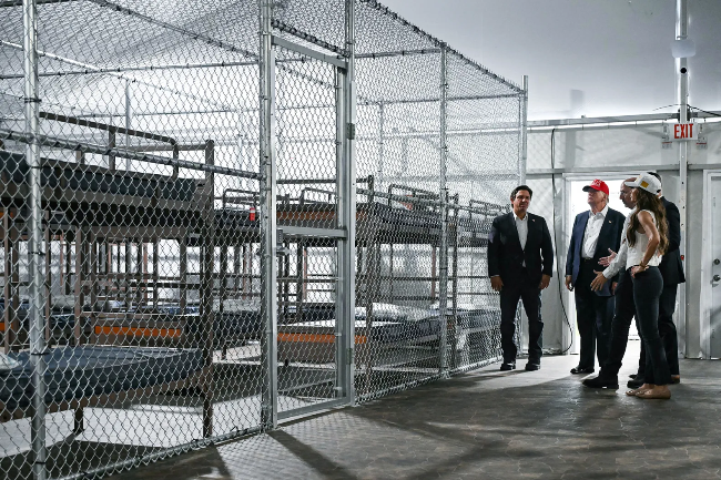 Florida Gov. Ron DeSantis, Trump, and Homeland Security Secretary Kristi Noem tour "Alligator Alcatraz" on July 1, 2025.