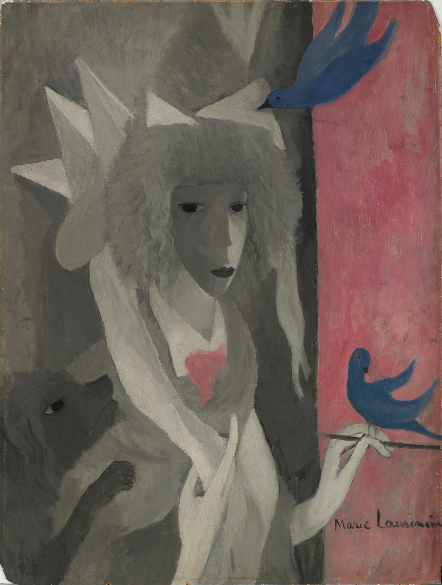 a muted pastel stylized painting of a woman looking at the viewer with fuzzy hair holding a pen and a bluebird in one hand, while another bluebird lands on her head and a small dog nuzzles her shoulder