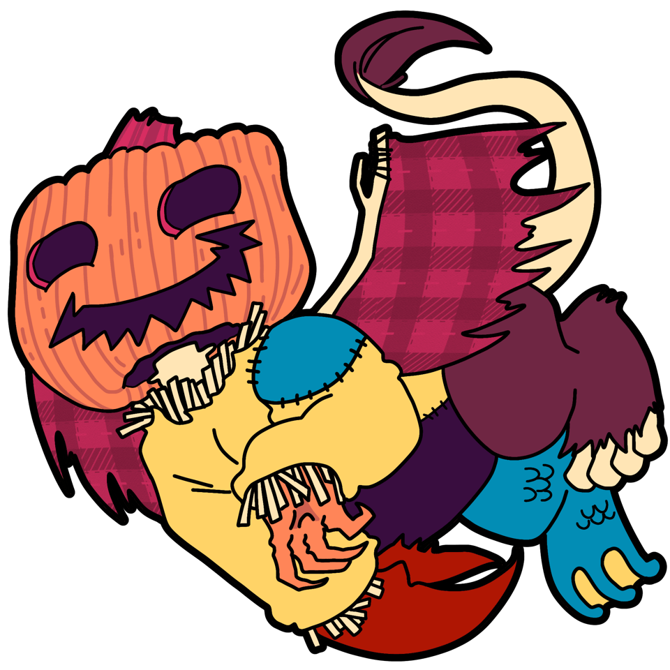 A Halloween themed chimera dragon with a jack-o-lantern head and mismatched body parts.