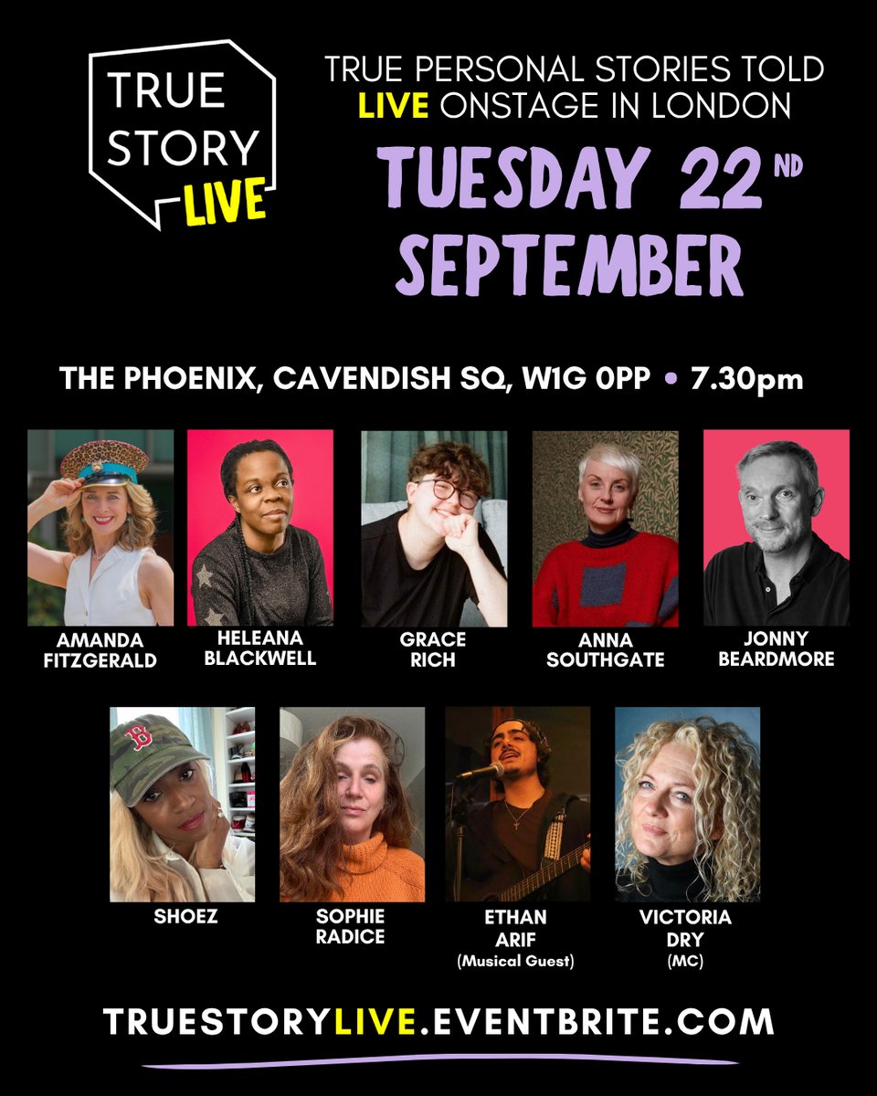An image of 7 storytellers and our musical guest and MC for the True Story LIVE show on 22 Sept