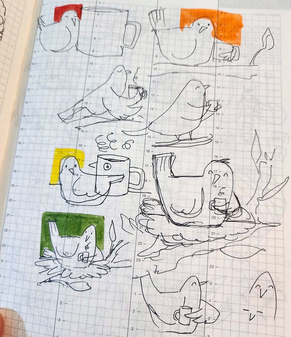 A sketchbook page covered in roughly drawn birds and mugs in various combinations.