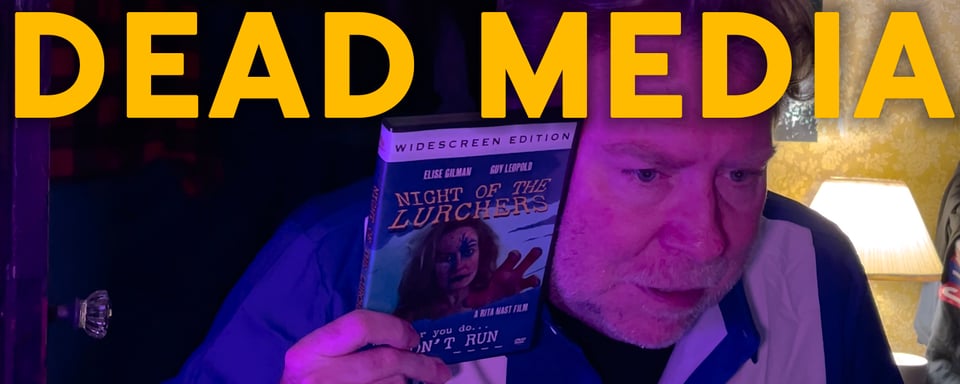 A scared man in a bowling shirt holds an old horror DVD to his head. The words DEAD MEDIA.