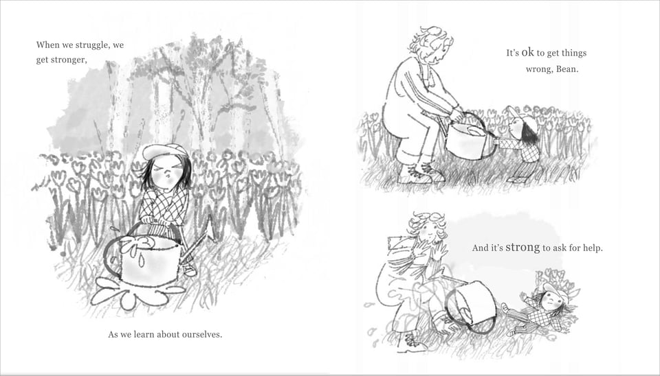 More refined sketch of a spread from I Am Strong Just Being Me, showing Bean struggling with a watering can and Nanna trying to help