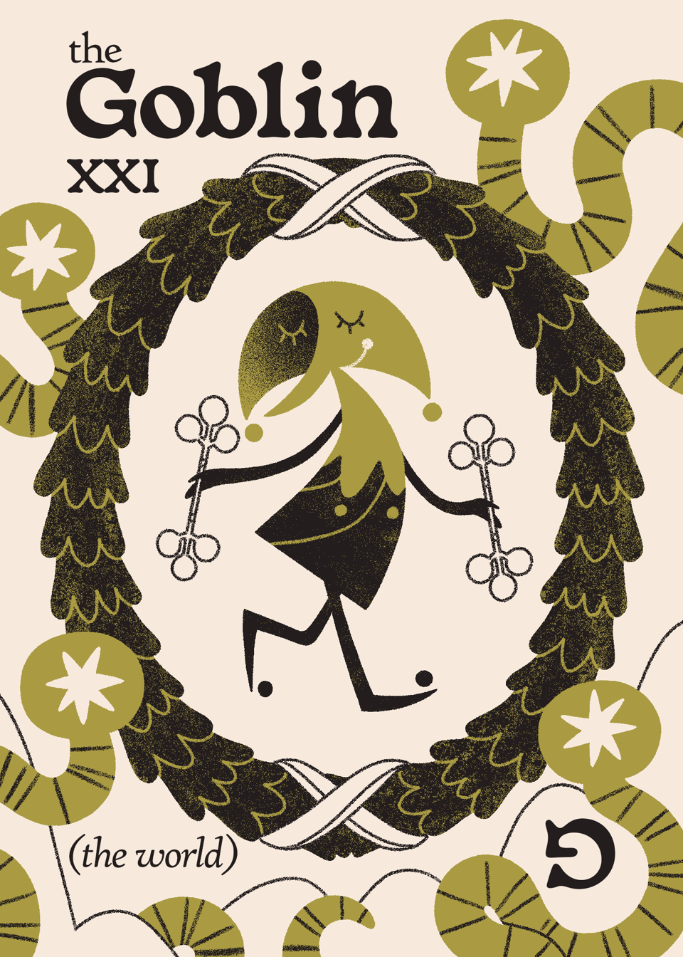 'The World' card from the upcoming Goblin Tarot. A goblin holds two wands and dances within a wreath surrounded by four worms.