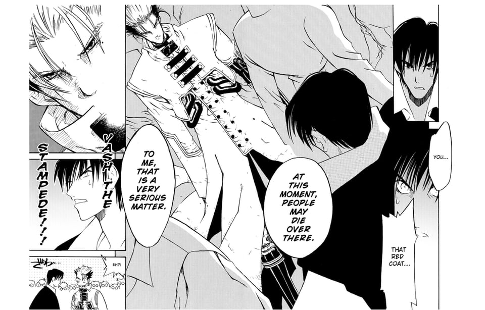 Vash appears wearing his red coat and woflwood announces "you...that red coat! Vash the stampede!!!"