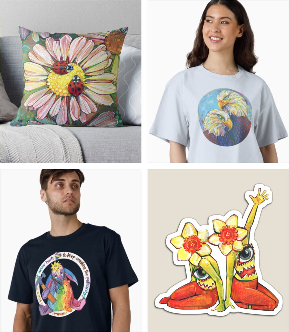 top left: pillow with a print of ladybugs on a daisy; top right: person wearing a t-shirt with a painting of bald eagles; bottom left: person wearing a t-shirt with a rainbow Eeyore saying "it never hurts to keep smashing the patriarchy"; bottom right: magnet of two daffodil-headed monsters