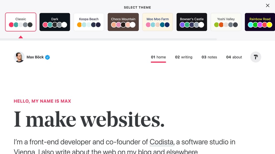 Max’s home page with the theme picker open