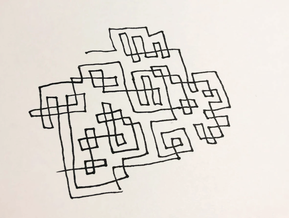 A photo of a piece of art, drawn by hand, using a black marker. It loops around the page by turning in right angles, and occasionally crossing itself, so that the overall effect is like a nest of interconnected shapes, all produced by one single line
