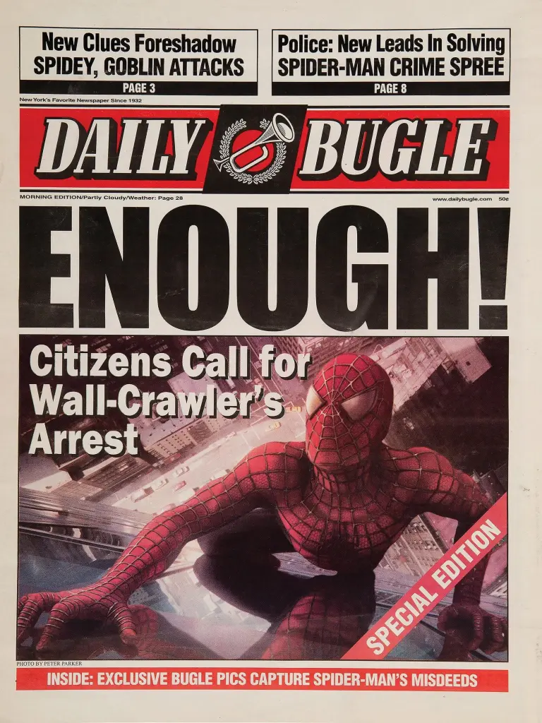 The cover of the Daily Bugle, as seen in Kraven the Hunter. There's a picture of Spider-Man and a bunch of headlines about how Spidey is a menace. Inluding