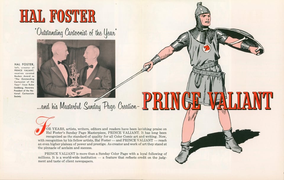 Promotional brochure for Prince Valiant comic. At left, creator Hal Foster receiving Reuben Award. At right, drawing of Prince Valiant on a blank background holding a shield and sword while in full armor.
