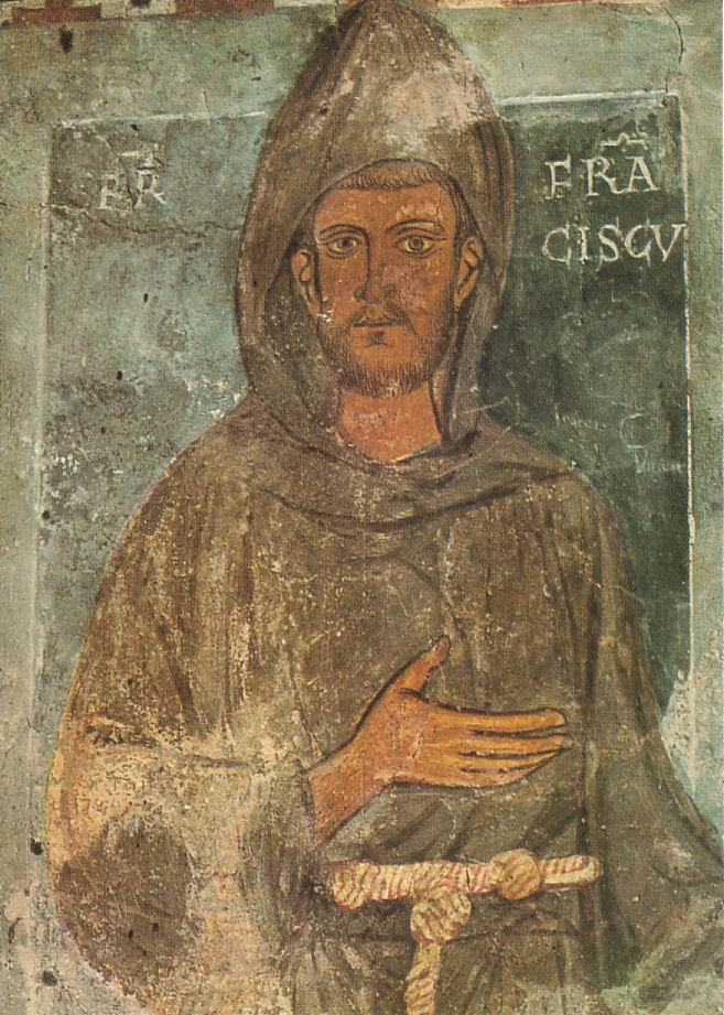 fresco of bearted man in brown robe with a knoted rope for a belt