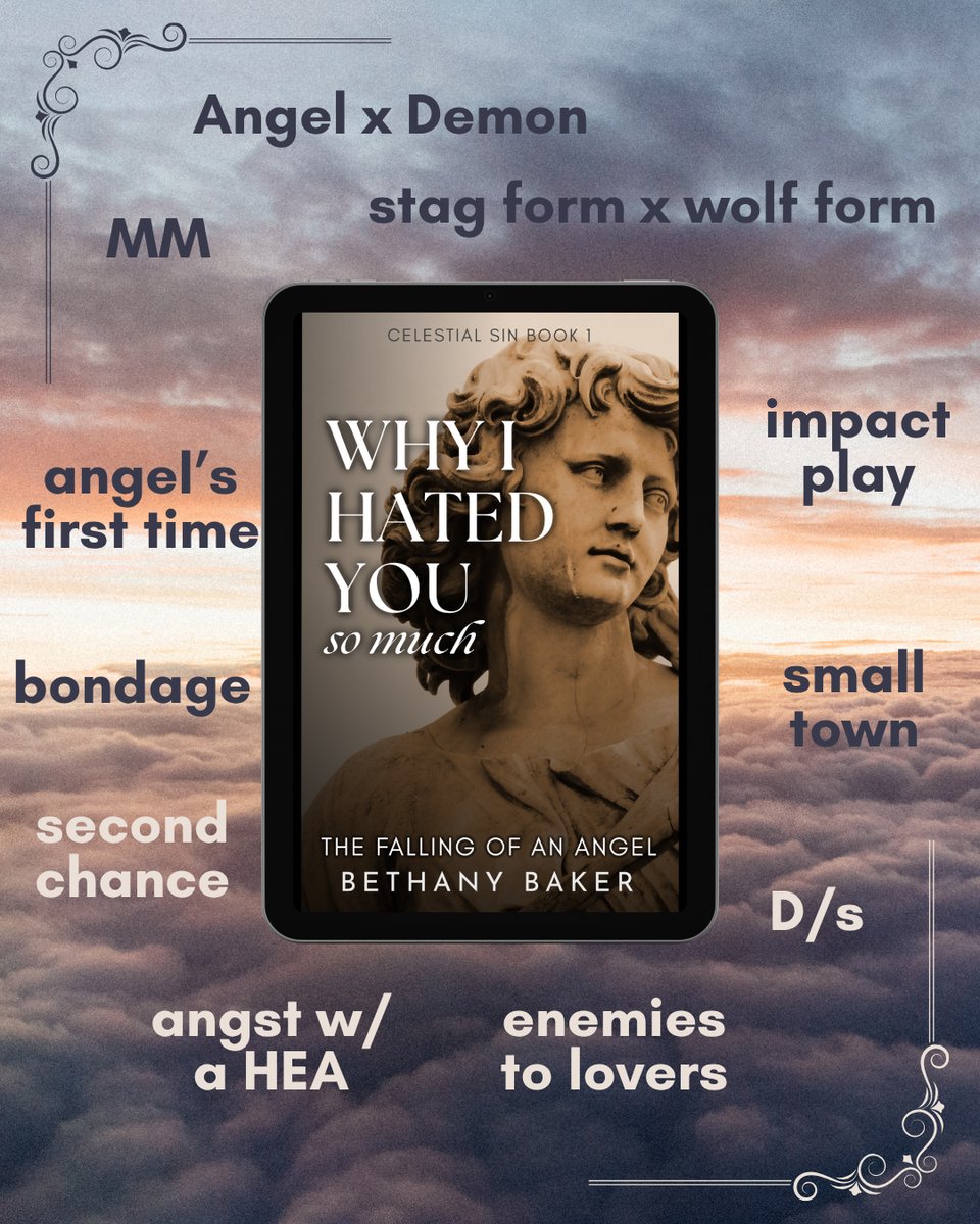 A trope graphic for the book. Clockwise from the upper left, the text reads: MM, Angel x Demon, stag form x wolf form, impact play, small town, D/s, enemies to lovers, angst w/ a HEA, second chance, bondage, angel's first time