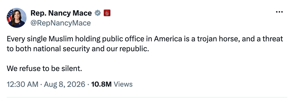 Text of Twitter post calling "every single Muslim holding office" a trojan horse