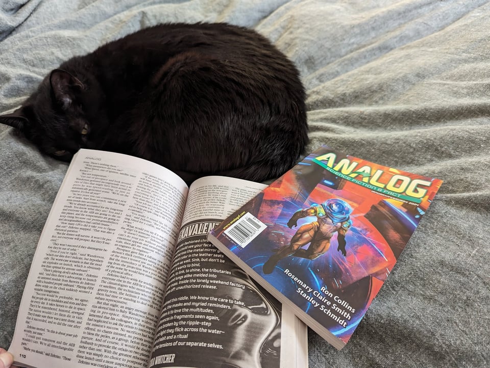 A black cat posing with two copies of Analog magazine