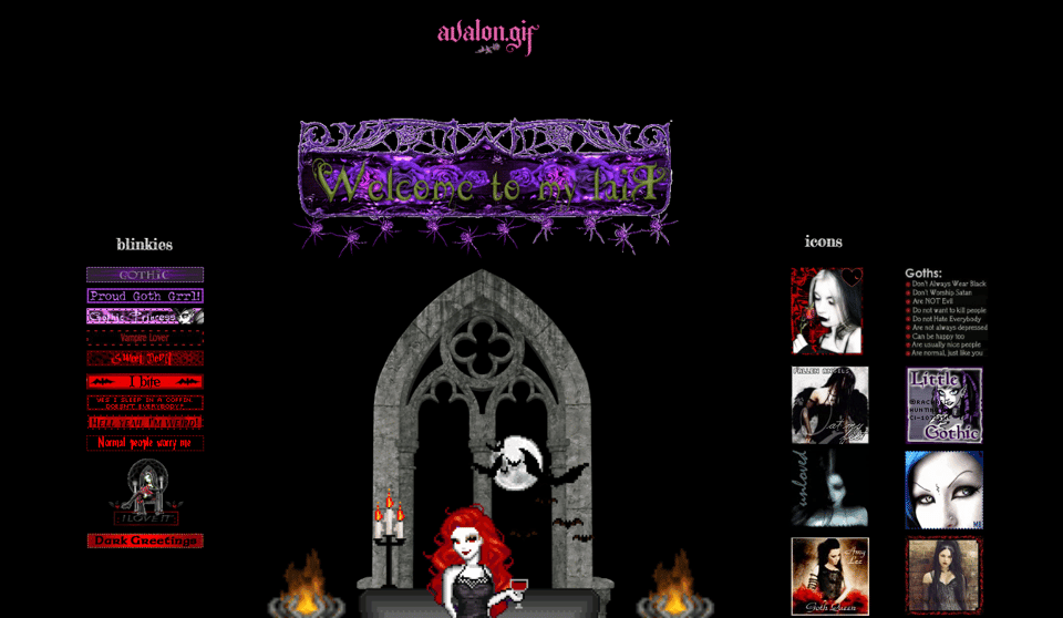 an old-web shrine to goth girl culture in the 90s and 2000s, featuring old blinkies, icons, a pixel doll and other gifs, from avalongif.com