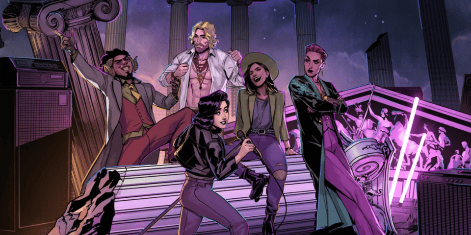 Cartoon imagery of various gods in a band together.