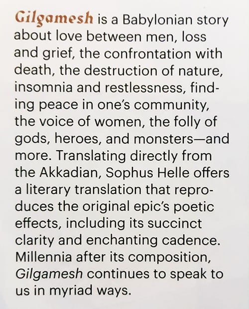 Back cover of Gilgamesh. It describes the book.