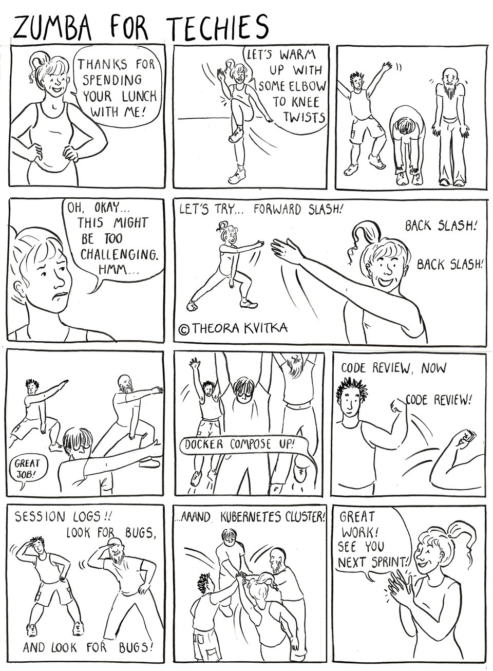 Multi-panel comic of an exercise class filled with engineer dudes who need movement instructions in coding terms