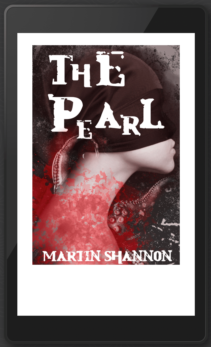 the book cover, a black and white image of a woman from the shoulders up, with black cloth covering her eyes and upper half of her head, and two tentacles behind her. there is red splashed in front along with white splatter in the back. at the top is the book title and the bottom the author name