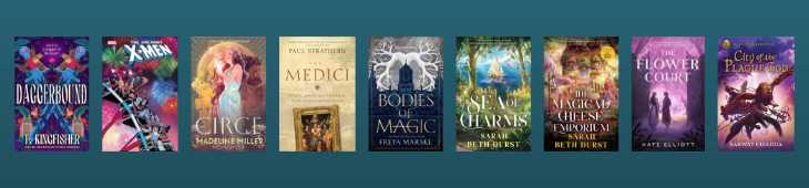 Graphic with covers of the books listed below against a teal gradient background.