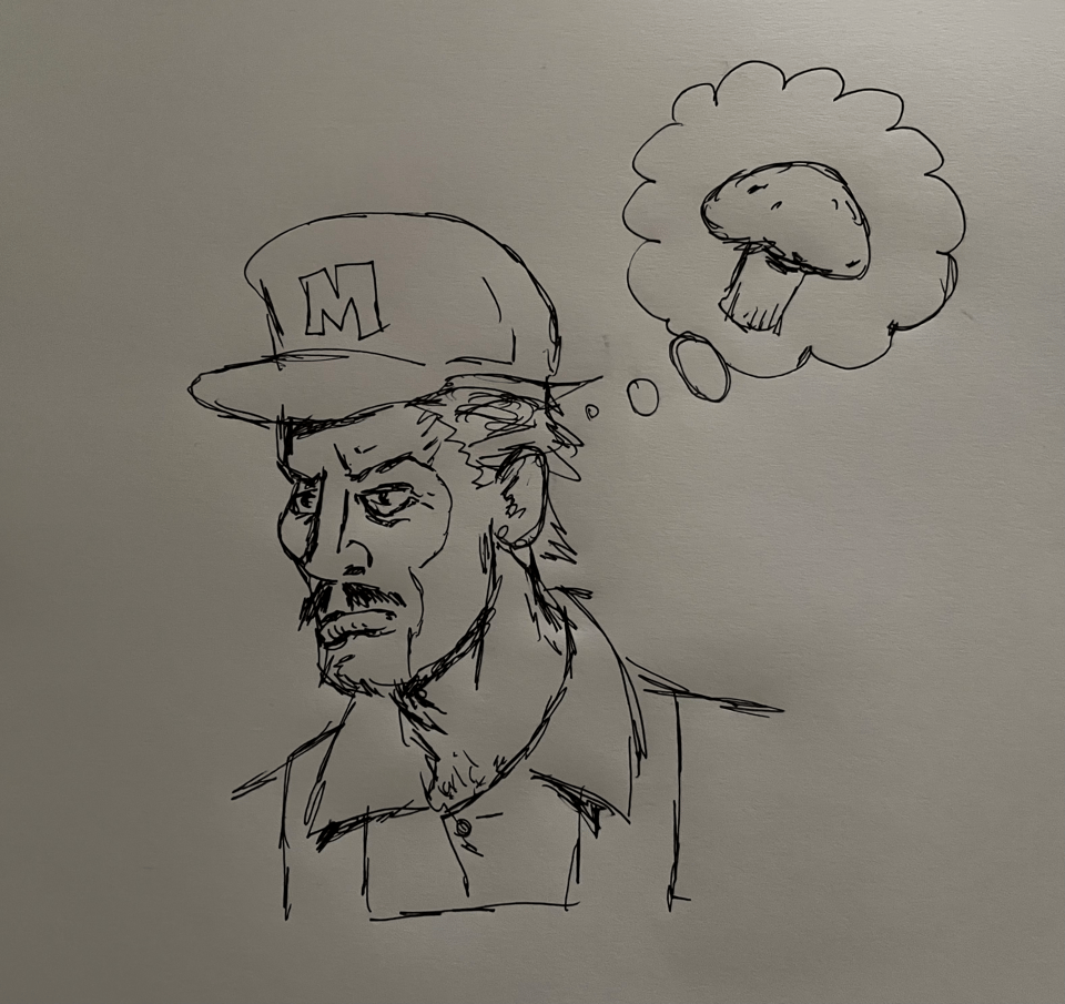 A man with a big hat and mustache thinks about a mushroom